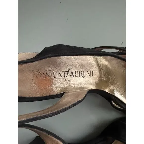Yves Saint Laurent Black Suede Wedge Heels Sandals YSL Vintage 90s Y2K Sz 6 M - Picture 9 of 10